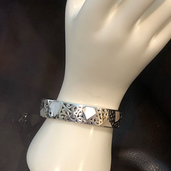 LOIS HILL Mother of Pearl Sterling Silver Cut Out Cuff Bracelet Thin Vintage - Picture 5 of 17